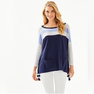 LILLY PULITZER XS Preppy PomPom Romance Coastal Elba Coolmax Tassel Sweater Navy